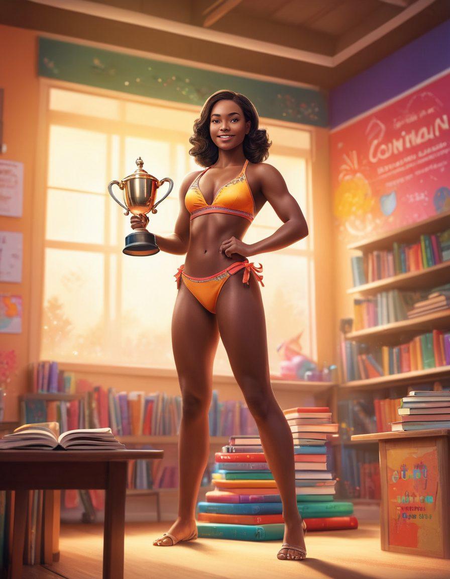 A dynamic scene depicting a confident female athlete transitioning from a glamorous stage in a bikini competition to an engaging classroom environment. Include elements like a trophy in one hand and books in the other, with bright stage lights softening into warm classroom hues in the background. Show an inspiring quote about education and empowerment subtly integrated into the image. colorful illustration. vibrant colors. 3D effect.